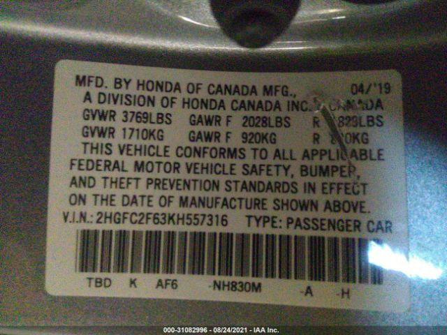 Photo 8 VIN: 2HGFC2F63KH557316 - HONDA CIVIC SEDAN 