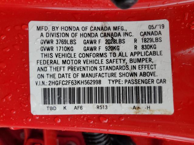 Photo 12 VIN: 2HGFC2F63KH562998 - HONDA CIVIC LX 