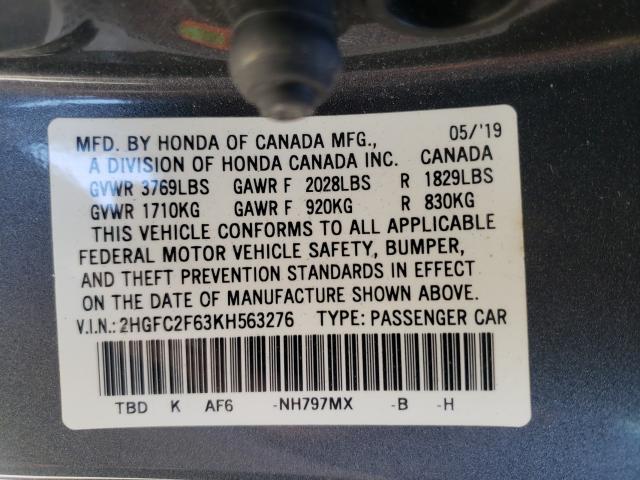 Photo 9 VIN: 2HGFC2F63KH563276 - HONDA CIVIC LX 