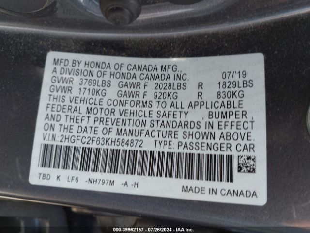 Photo 8 VIN: 2HGFC2F63KH584872 - HONDA CIVIC 