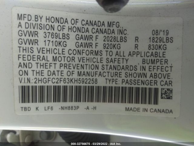 Photo 8 VIN: 2HGFC2F63KH592258 - HONDA CIVIC SEDAN 