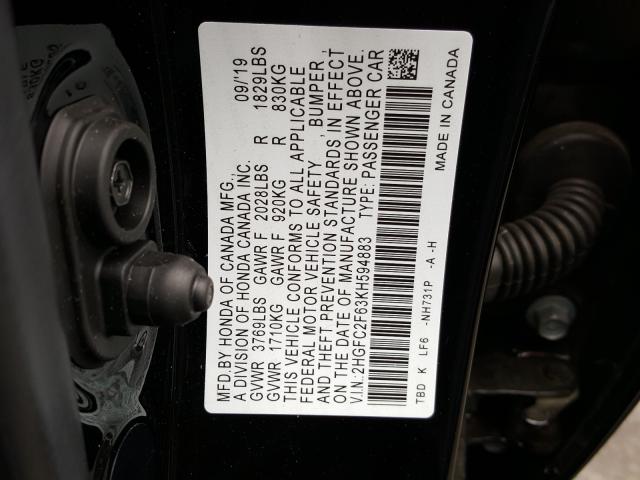 Photo 9 VIN: 2HGFC2F63KH594883 - HONDA CIVIC LX 