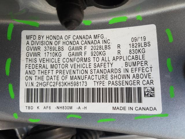 Photo 9 VIN: 2HGFC2F63KH598173 - HONDA CIVIC LX 