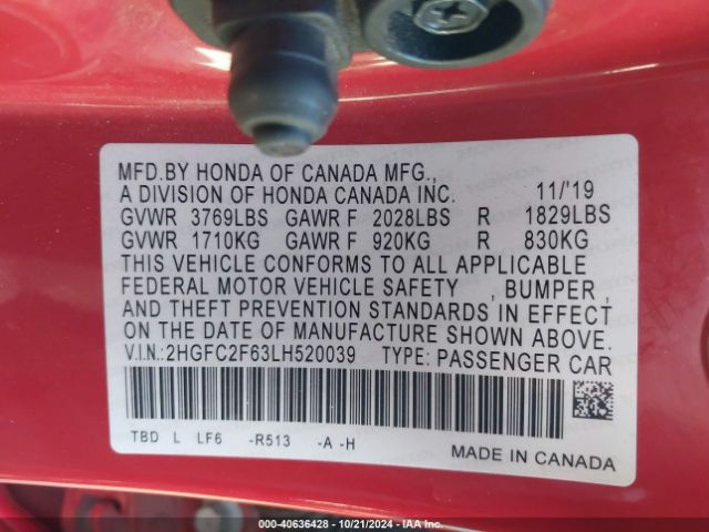 Photo 8 VIN: 2HGFC2F63LH520039 - HONDA CIVIC 