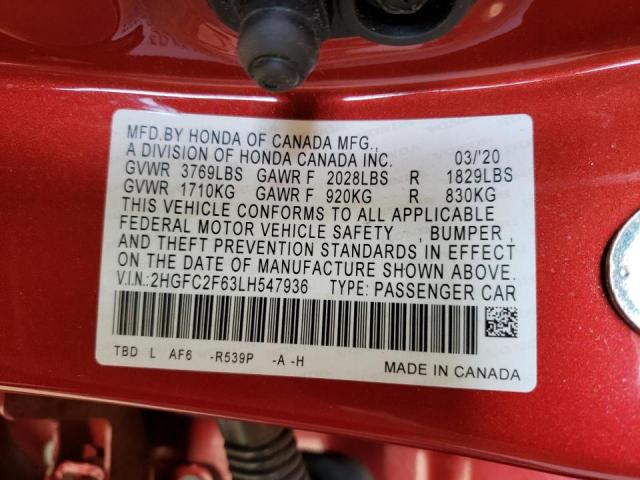 Photo 9 VIN: 2HGFC2F63LH547936 - HONDA CIVIC LX 