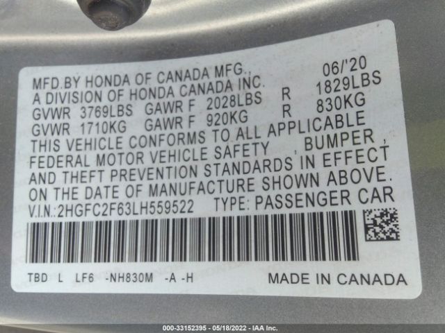 Photo 8 VIN: 2HGFC2F63LH559522 - HONDA CIVIC SEDAN 