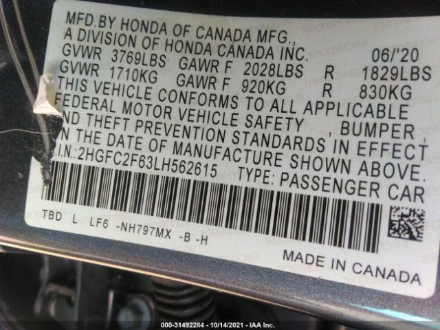 Photo 8 VIN: 2HGFC2F63LH562615 - HONDA CIVIC SEDAN 