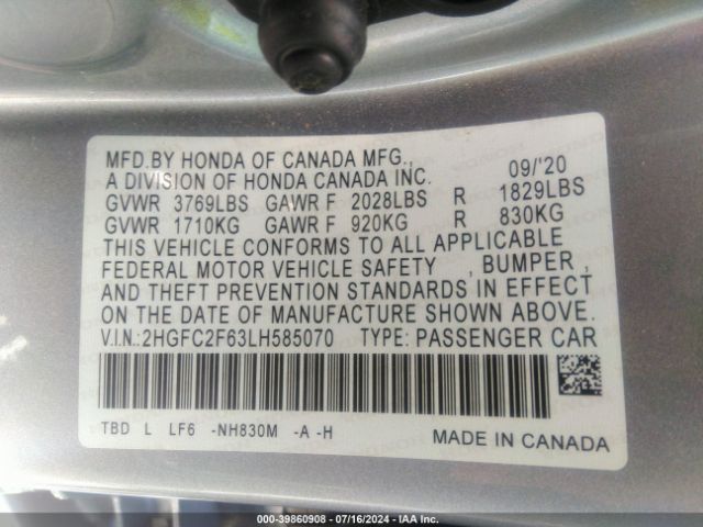 Photo 8 VIN: 2HGFC2F63LH585070 - HONDA CIVIC 