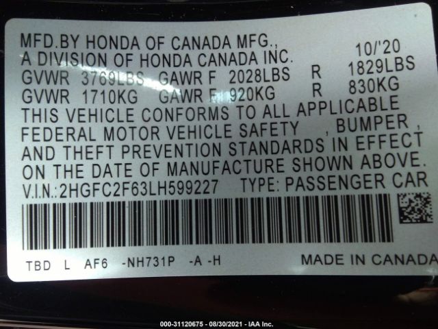 Photo 8 VIN: 2HGFC2F63LH599227 - HONDA CIVIC SEDAN 