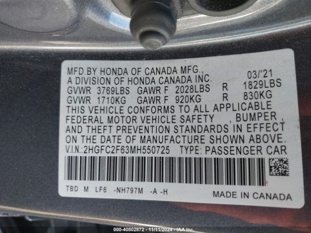 Photo 8 VIN: 2HGFC2F63MH550725 - HONDA CIVIC 