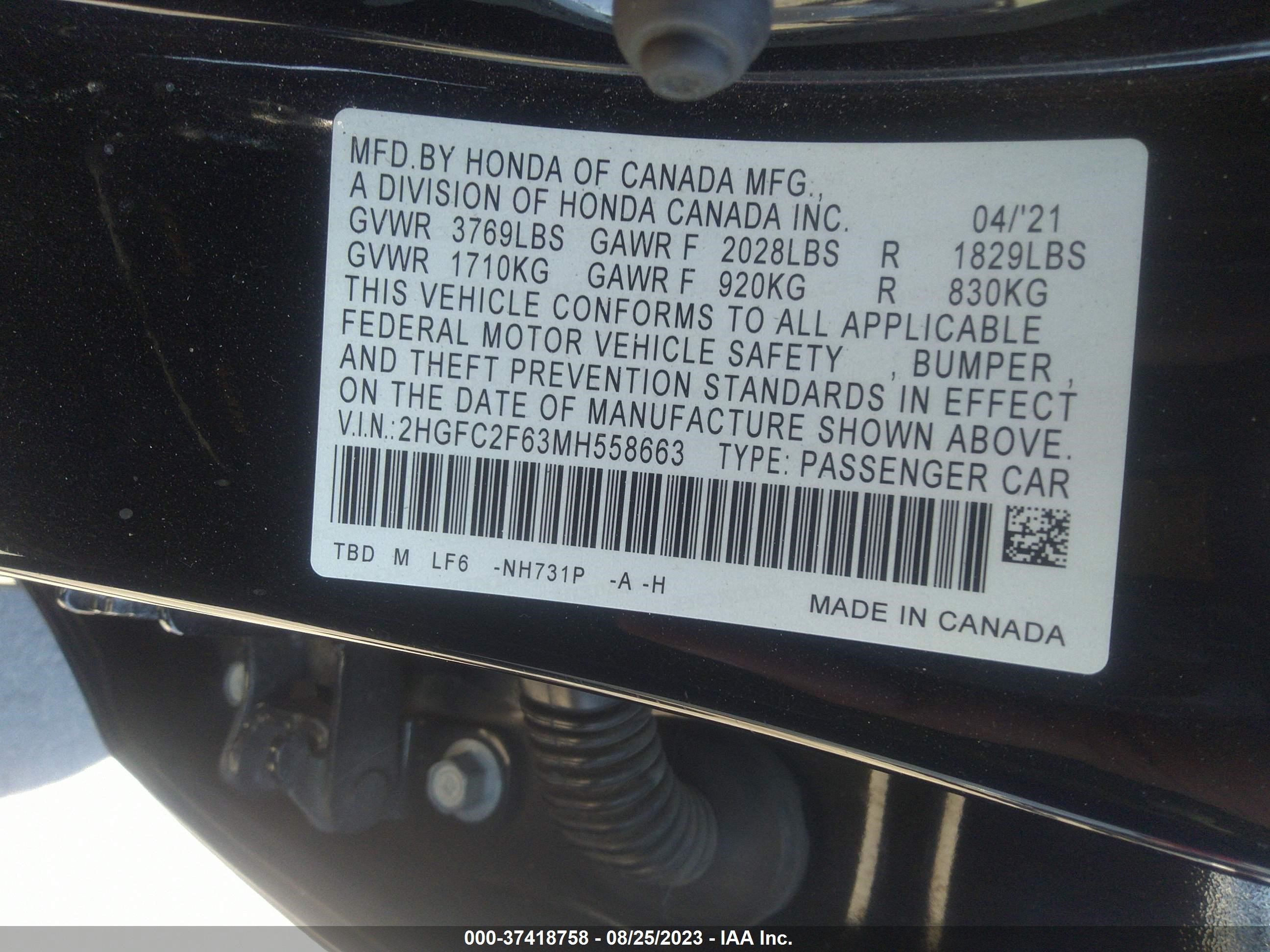 Photo 8 VIN: 2HGFC2F63MH558663 - HONDA CIVIC 