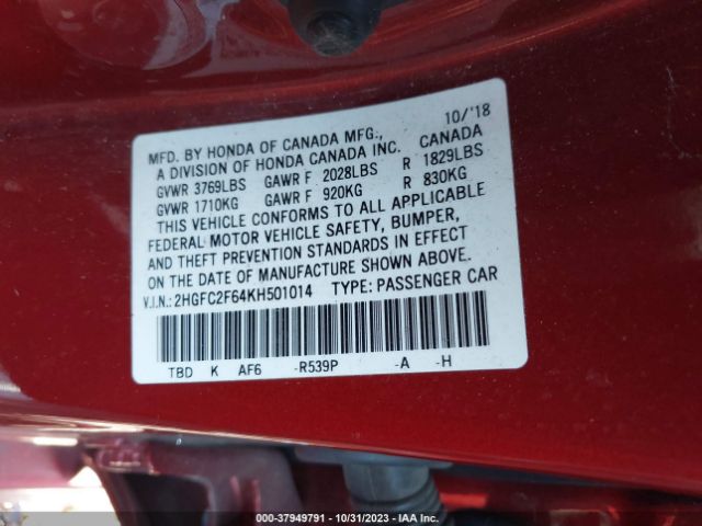 Photo 8 VIN: 2HGFC2F64KH501014 - HONDA CIVIC 