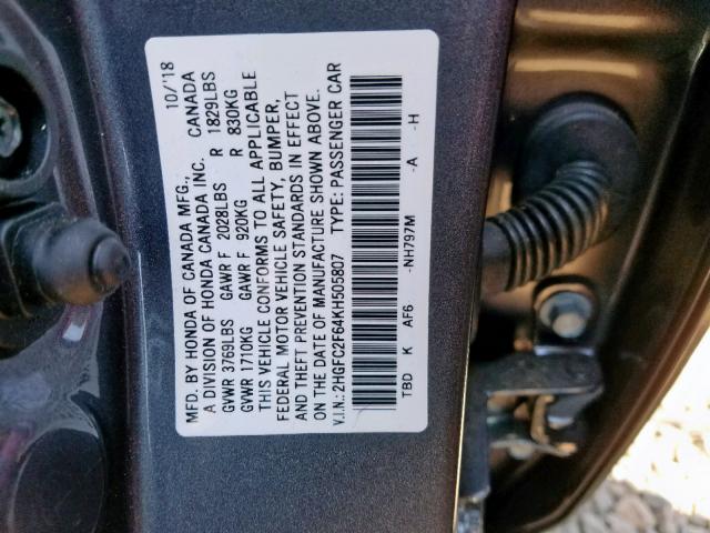 Photo 9 VIN: 2HGFC2F64KH505807 - HONDA CIVIC LX 