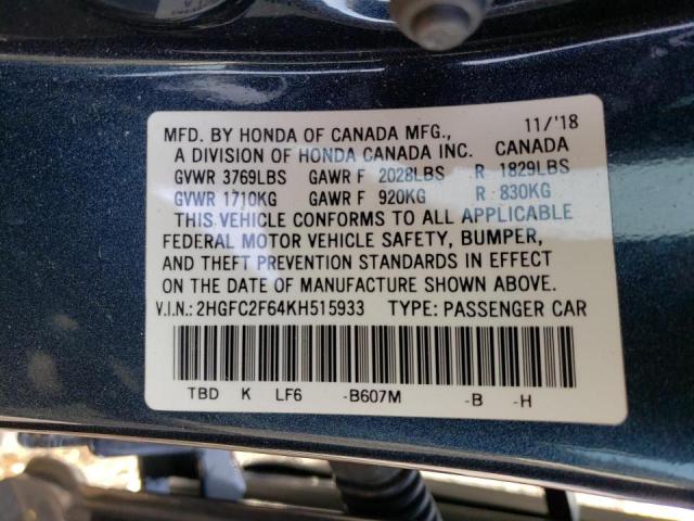 Photo 9 VIN: 2HGFC2F64KH515933 - HONDA CIVIC LX 