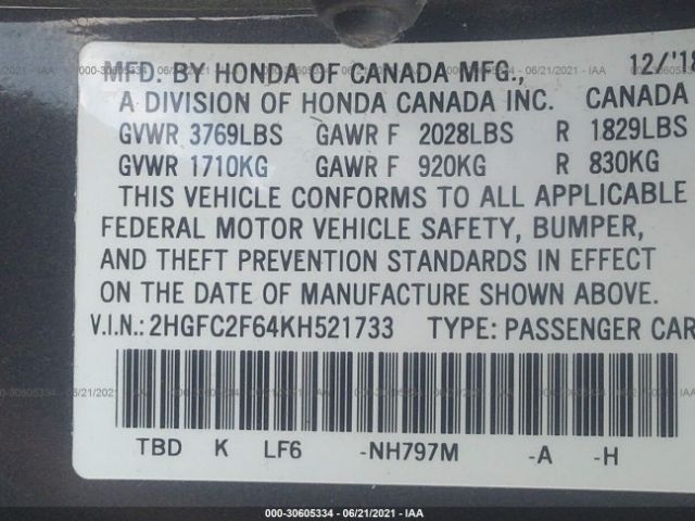 Photo 8 VIN: 2HGFC2F64KH521733 - HONDA CIVIC SEDAN 