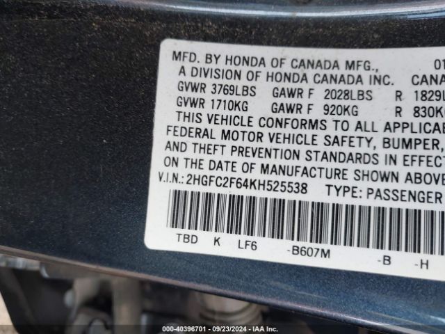 Photo 8 VIN: 2HGFC2F64KH525538 - HONDA CIVIC 