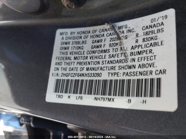 Photo 8 VIN: 2HGFC2F64KH533090 - HONDA CIVIC 