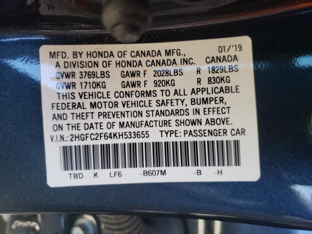 Photo 9 VIN: 2HGFC2F64KH533655 - HONDA CIVIC LX 