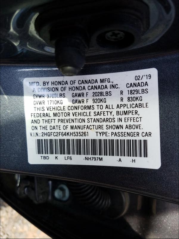 Photo 9 VIN: 2HGFC2F64KH535261 - HONDA CIVIC LX 