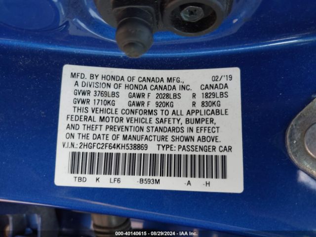 Photo 8 VIN: 2HGFC2F64KH538869 - HONDA CIVIC 