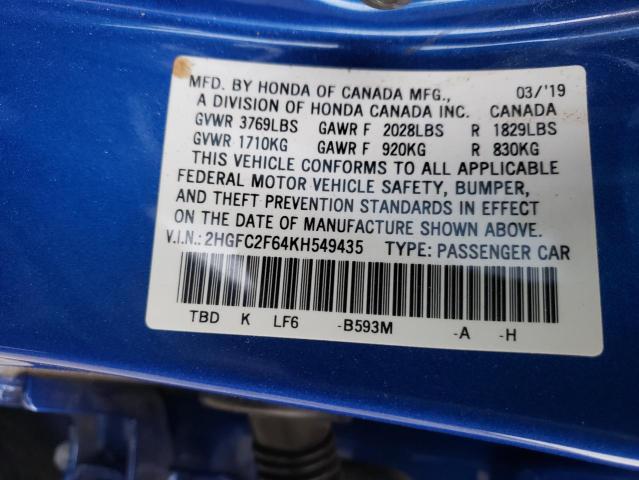 Photo 9 VIN: 2HGFC2F64KH549435 - HONDA CIVIC LX 