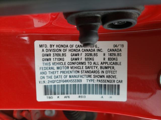 Photo 9 VIN: 2HGFC2F64KH553369 - HONDA CIVIC LX 