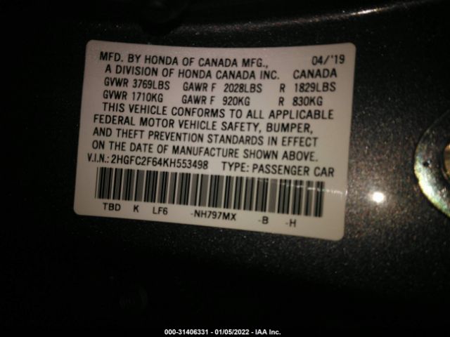 Photo 8 VIN: 2HGFC2F64KH553498 - HONDA CIVIC SEDAN 