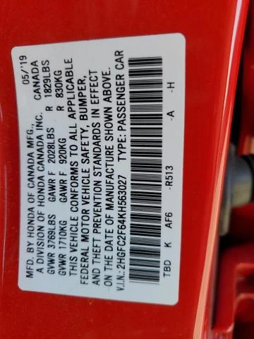 Photo 11 VIN: 2HGFC2F64KH563027 - HONDA CIVIC LX 