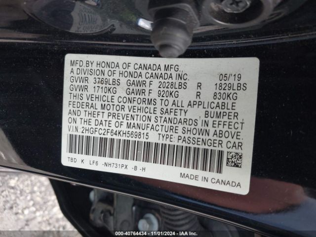 Photo 8 VIN: 2HGFC2F64KH569815 - HONDA CIVIC 