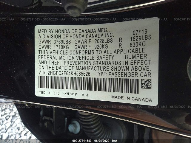 Photo 8 VIN: 2HGFC2F64KH585626 - HONDA CIVIC SEDAN 