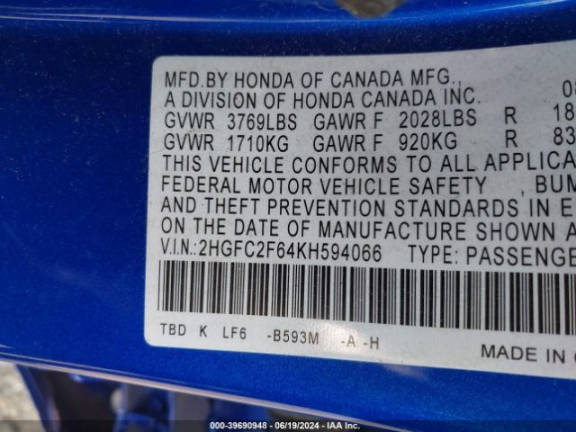 Photo 8 VIN: 2HGFC2F64KH594066 - HONDA CIVIC 