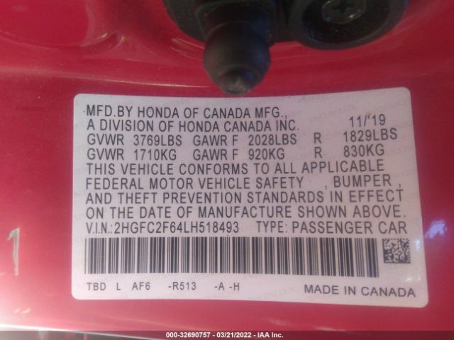 Photo 8 VIN: 2HGFC2F64LH518493 - HONDA CIVIC SEDAN 