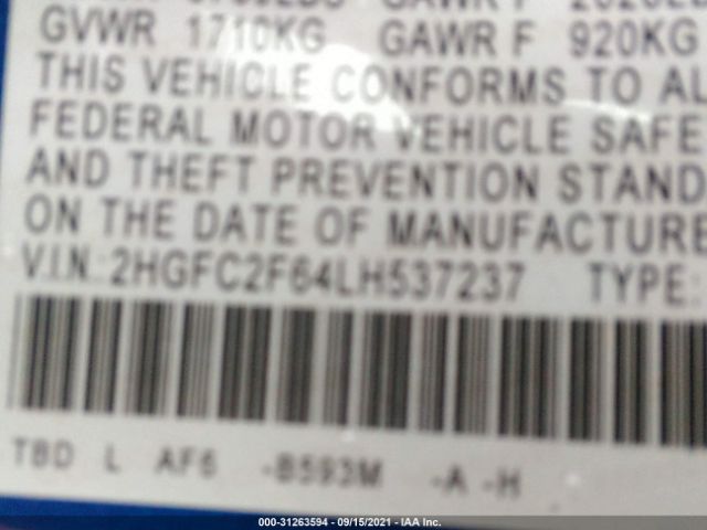 Photo 8 VIN: 2HGFC2F64LH537237 - HONDA CIVIC SEDAN 