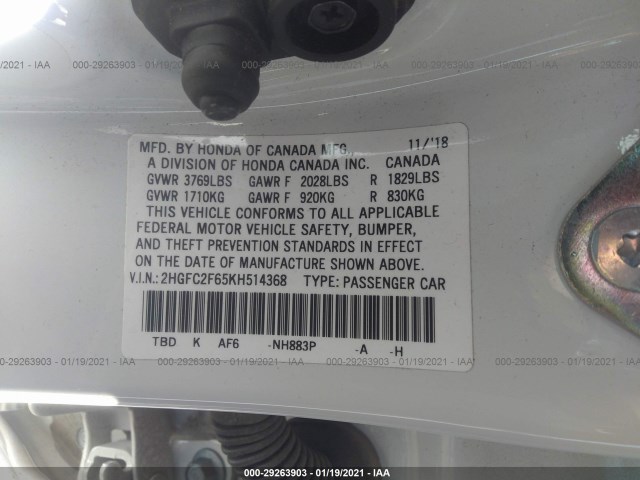 Photo 8 VIN: 2HGFC2F65KH514368 - HONDA CIVIC SEDAN 