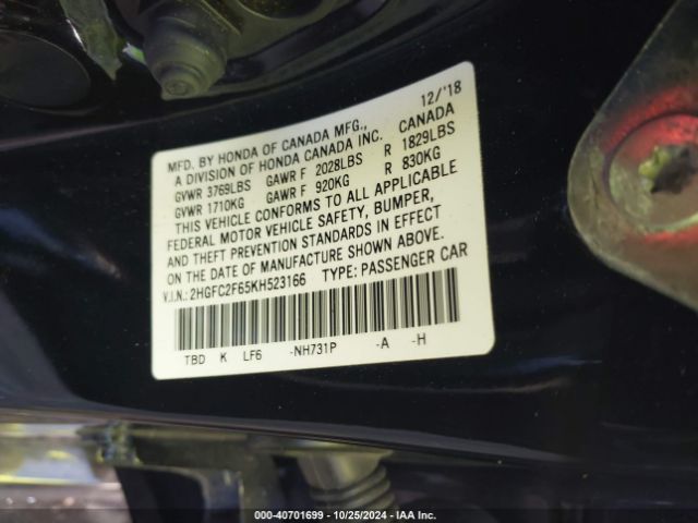 Photo 8 VIN: 2HGFC2F65KH523166 - HONDA CIVIC 