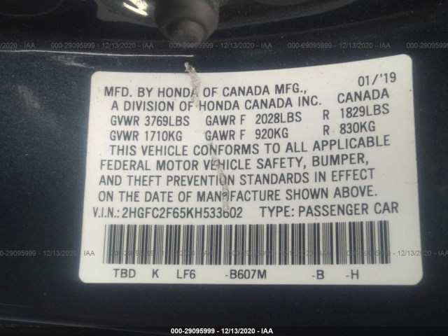 Photo 8 VIN: 2HGFC2F65KH533602 - HONDA CIVIC SEDAN 