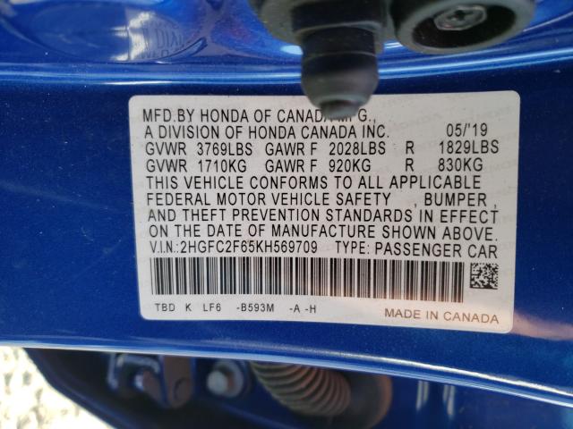 Photo 9 VIN: 2HGFC2F65KH569709 - HONDA CIVIC LX 