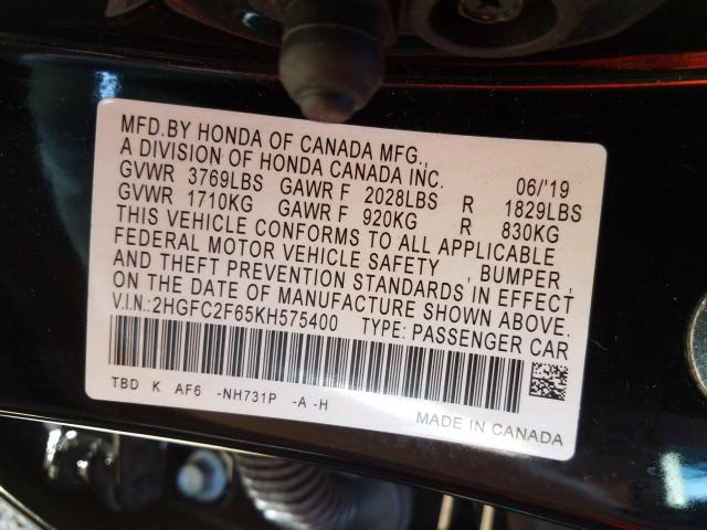 Photo 9 VIN: 2HGFC2F65KH575400 - HONDA CIVIC LX 