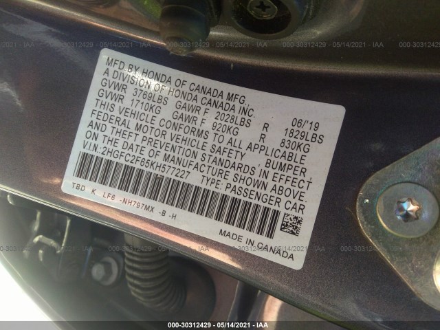 Photo 8 VIN: 2HGFC2F65KH577227 - HONDA CIVIC SEDAN 