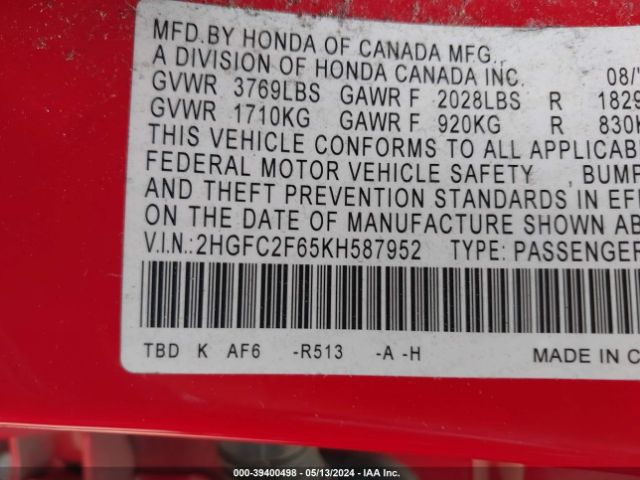 Photo 8 VIN: 2HGFC2F65KH587952 - HONDA CIVIC 