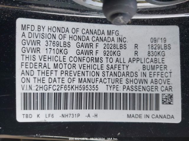 Photo 8 VIN: 2HGFC2F65KH595355 - HONDA CIVIC 