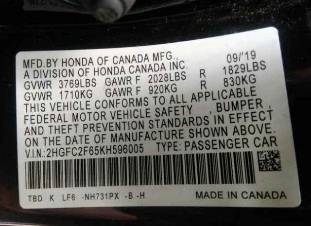 Photo 8 VIN: 2HGFC2F65KH596005 - HONDA CIVIC 