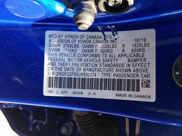 Photo 9 VIN: 2HGFC2F65LH500374 - HONDA CIVIC LX 