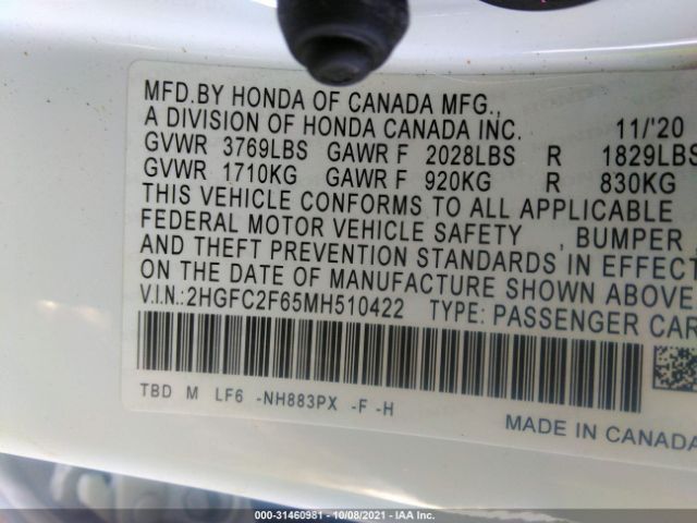 Photo 8 VIN: 2HGFC2F65MH510422 - HONDA CIVIC SEDAN 