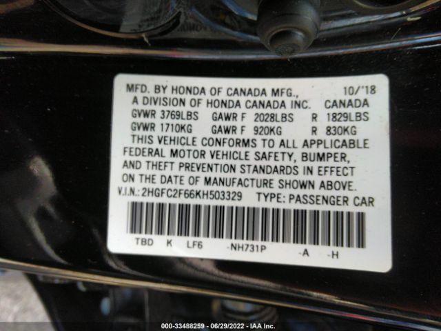 Photo 8 VIN: 2HGFC2F66KH503329 - HONDA CIVIC SEDAN 