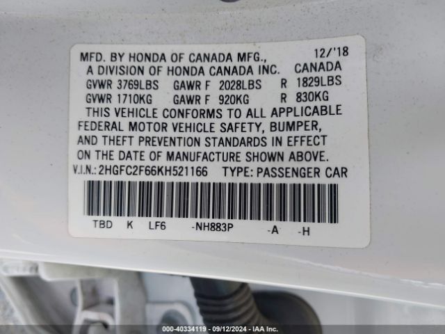 Photo 8 VIN: 2HGFC2F66KH521166 - HONDA CIVIC 