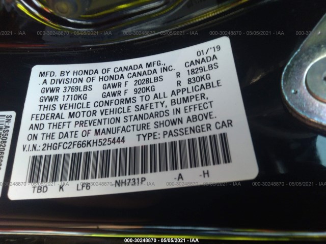 Photo 8 VIN: 2HGFC2F66KH525444 - HONDA CIVIC SEDAN 