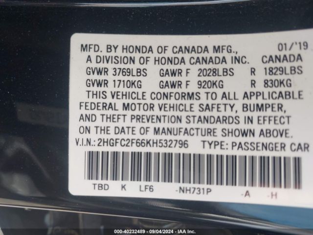 Photo 8 VIN: 2HGFC2F66KH532796 - HONDA CIVIC 