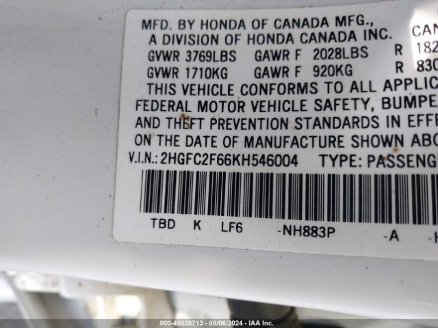 Photo 8 VIN: 2HGFC2F66KH546004 - HONDA CIVIC 