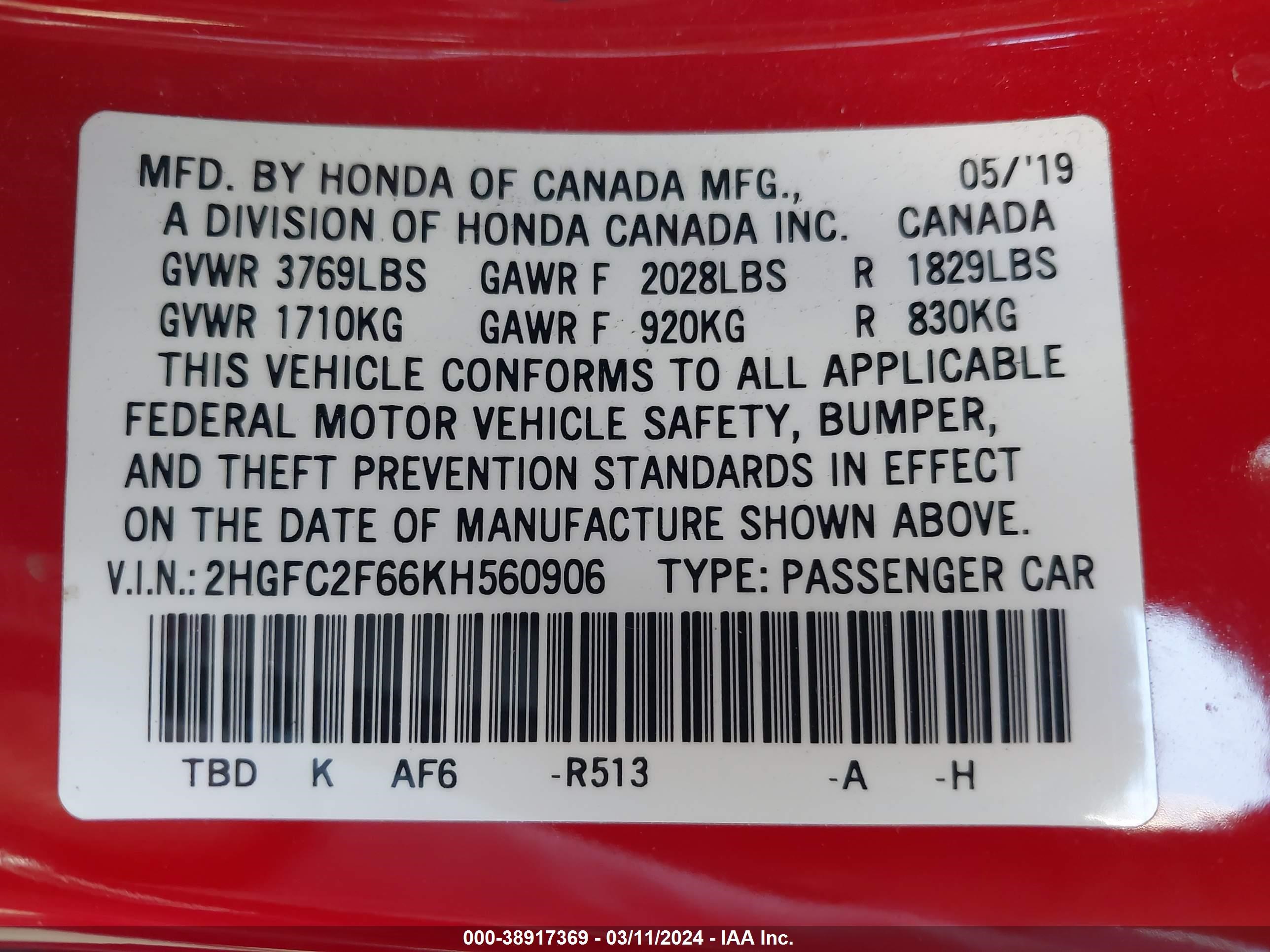 Photo 8 VIN: 2HGFC2F66KH560906 - HONDA CIVIC 